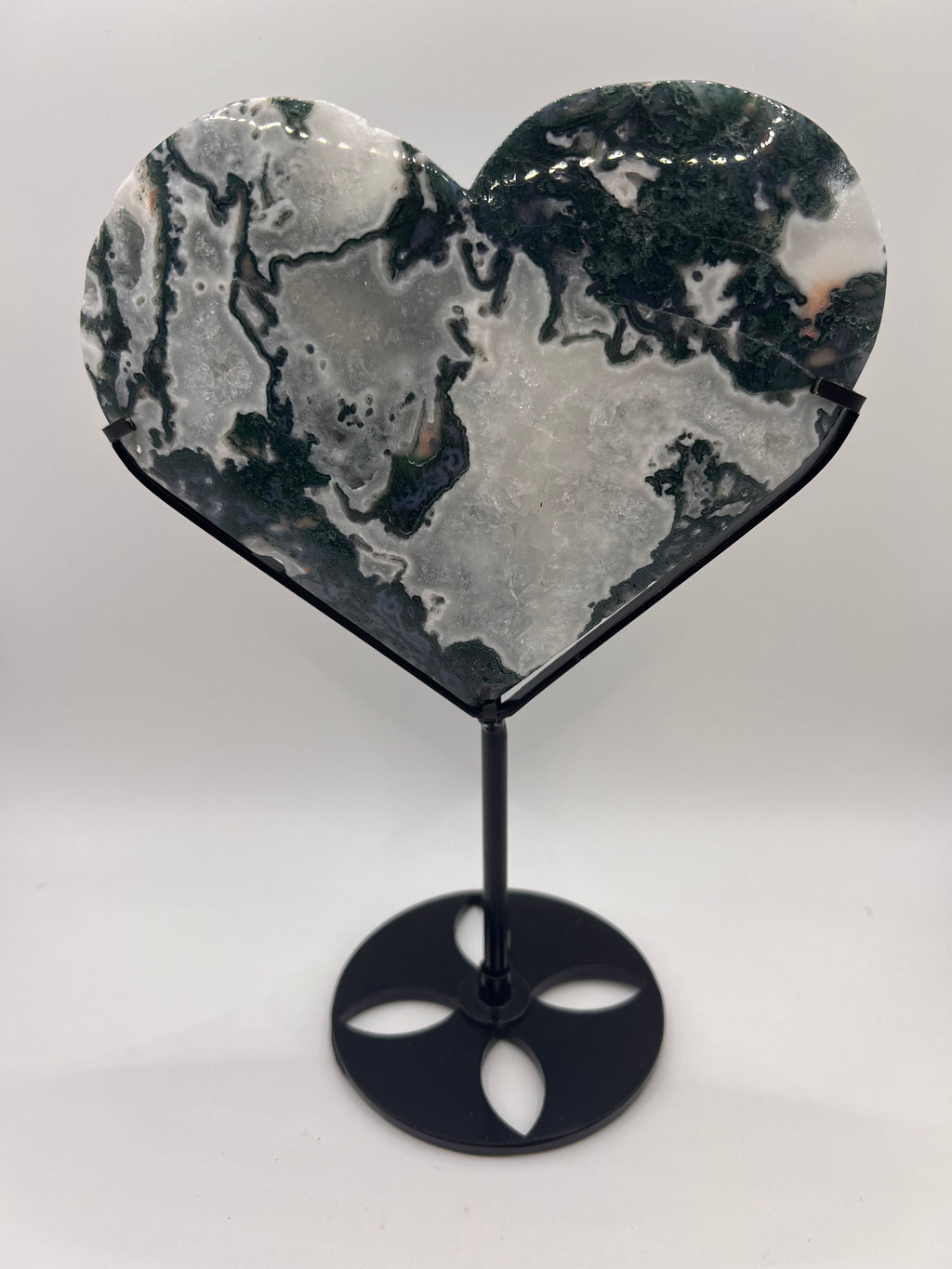Moss agate heart w/ stand