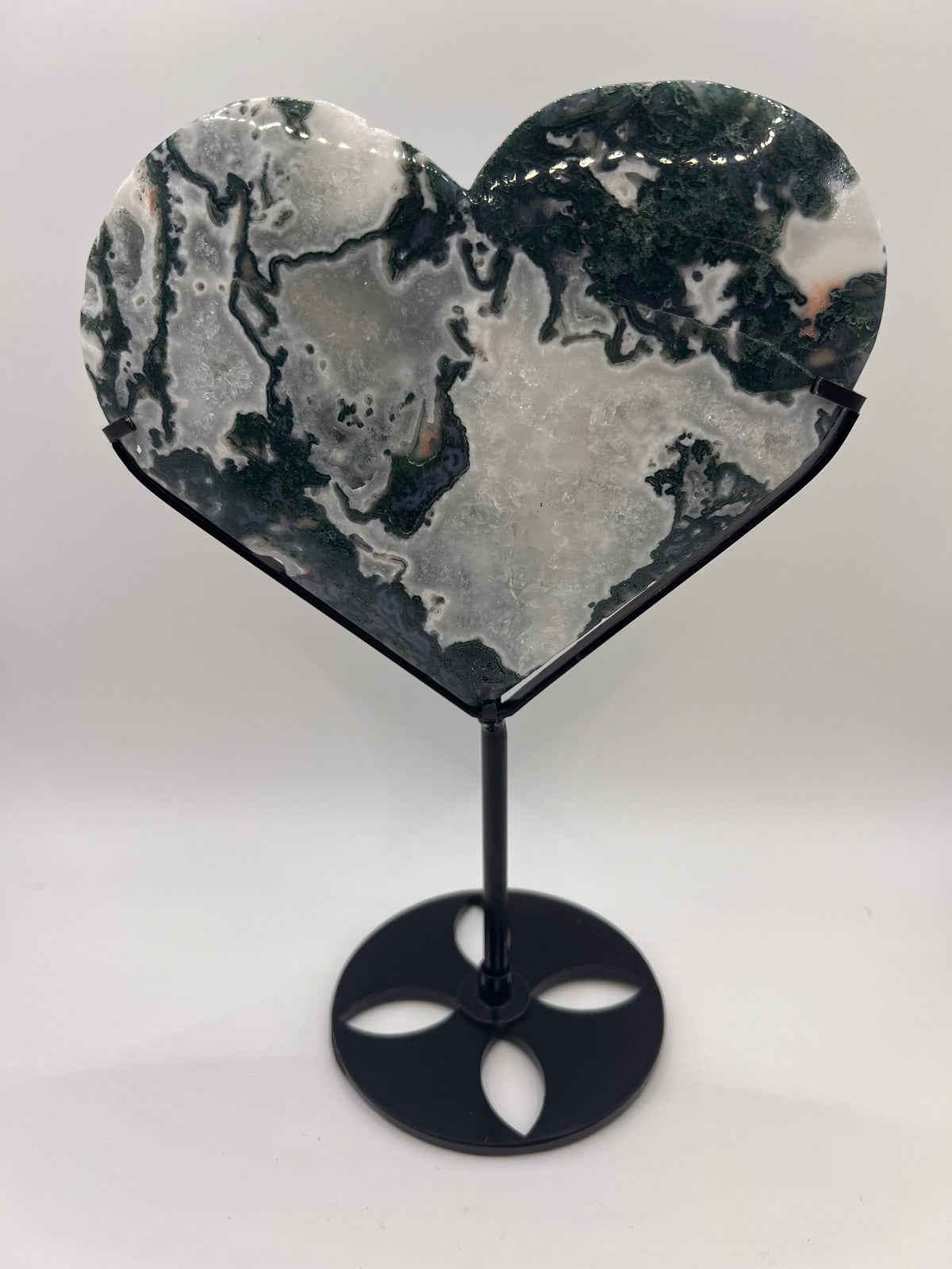 Moss agate heart w/ stand