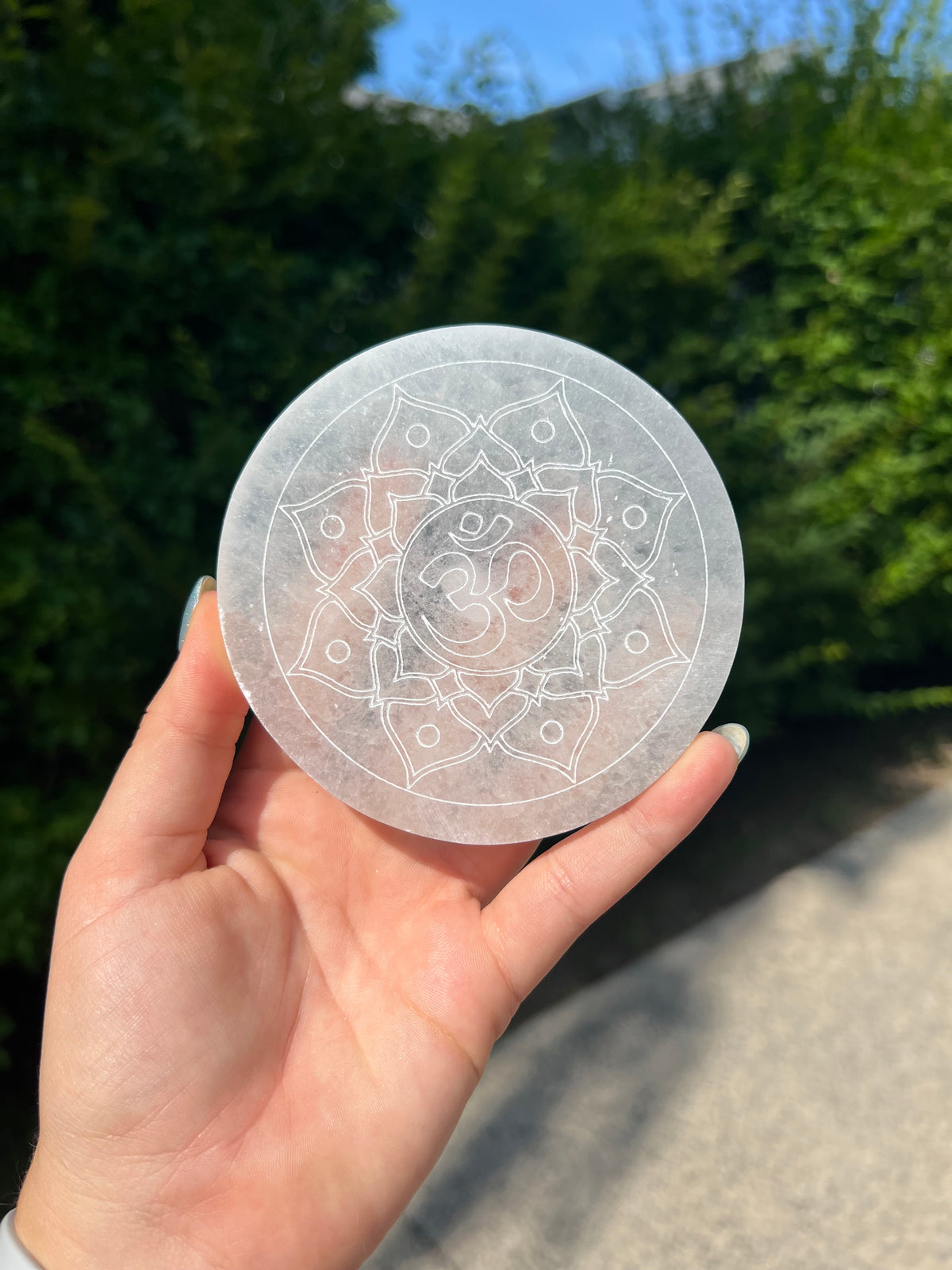 Selenite plate w/ Om symbol
